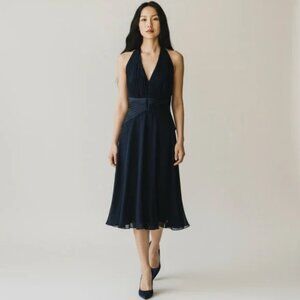 Tadashi Shoji Navy Blue Silk Midi Dress 12P Vintage Satin Halter Evening Wear